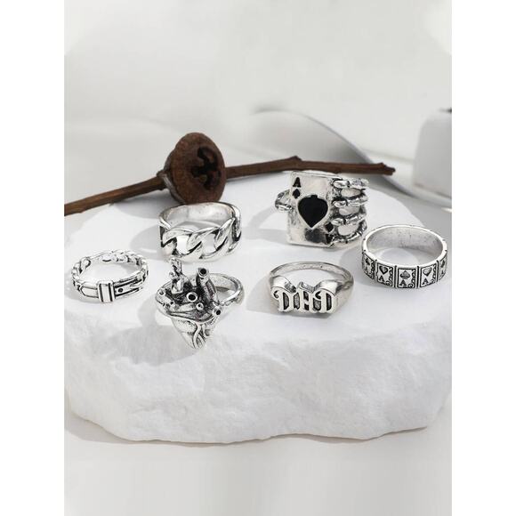 6x Silver Goth Emo Punk Rings Set – Heart Ace Dice Skeleton - Picture 4 of 5